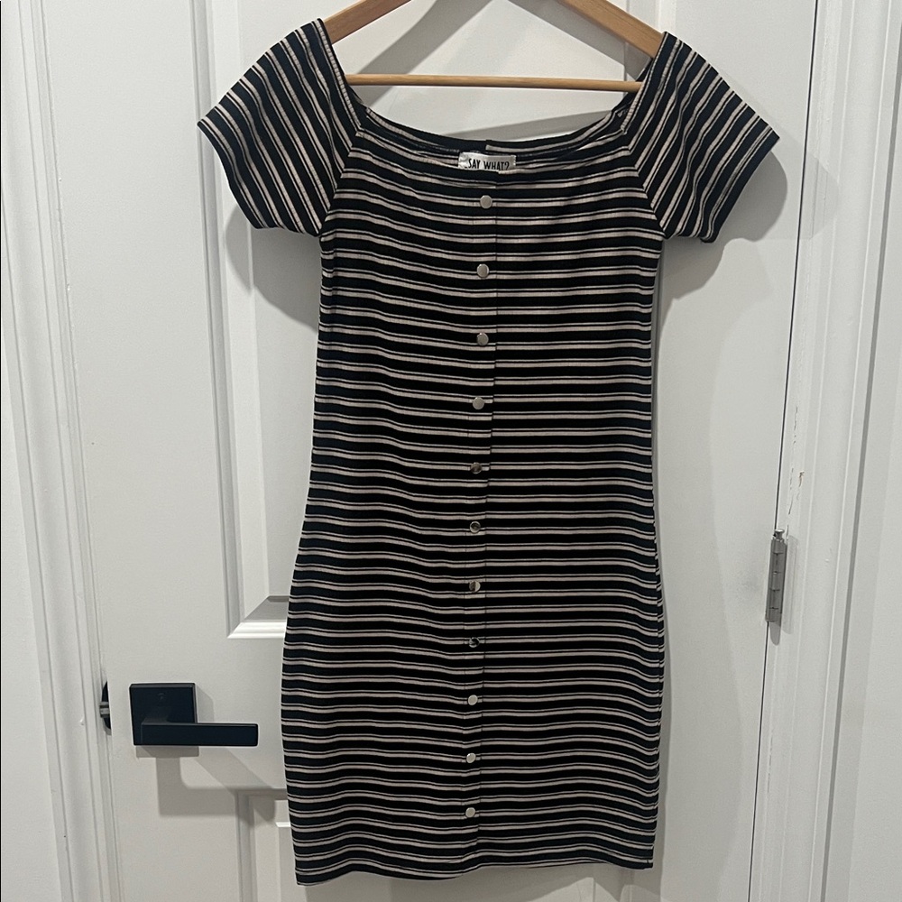 Say What? Black and Tab Striped Mini Dress Button Detail Size Medium